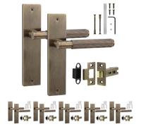 Decoranddecor Hera Antique Brass Backplate Handles, Latch Kit 64mm 6 Pack | Knurled Lever Pair on Plain Backplate, 64mm Tubular Latch Included, Sprung Return, Fire Rated CE Latch, Internal Doors