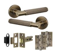 Decoranddecor Hera Antique Brass Internal Door Handles, Hinge Kit 76mm | Lined Lever on Round Rose, 64mm Latch & 2 Hinges Included, Sprung Return, Fir CE Mechanism, Internal Doors, 1 Set