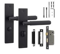 Decoranddecor Hera Matt Black Backplate Door Handles, Bathroom Kit 76mm | Knurled Lever Pair, 76mm Bathroom Lock & WC Turn, Thumbturn & Release, Fire Rated Lock, Internal Bathroom Doors, 1 Set