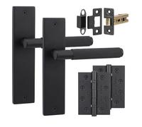 Decoranddecor Hera Matt Black Backplate Door Handles, Hinge Kit 102mm | Knurled Lever Pair on Plain Backplate, 76mm Latch & 2x 102mm Hinges, Sprung Return, Fir CE Mechanism, Interior Doors