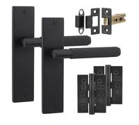 Decoranddecor Hera Matt Black Backplate Door Handles, Hinge Kit 76mm | Knurled Lever Pair on Plain Backplate, 64mm Latch & 2 Hinges Included, Sprung Return, Fir CE Mechanism, Internal Doors