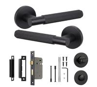 Decoranddecor Hera Matt Black Internal Door Handles, Bathroom Kit 64mm | Lined Lever on Round Rose, 64mm Bathroom Lock & WC Turn, Thumbturn & Release, Fir Lock, Internal Bathroom Doors, 1 Set