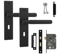 Decoranddecor Hera Matt Black Keyhole Backplate Door Handle Set with 2.5in Fire-Rated Sash Lock & Keys - Secure Internal Lever Handles with Knurled Texture for Durable Classic Installations