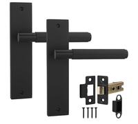Decoranddecor Hera Matt Black Knurled Backplate Assembly with 2.5in Tubular Mortise Latch & Fire Rated Hinges - Secure Internal Lever Door Handle Kit for Classic Commercial and Residential