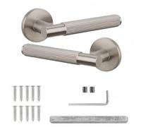 Decoranddecor Hera Satin Nickel Internal Door Handles, 1 Pair | Lined Lever on Round Rose, Sprung Return, 8mm Spindle, Bolt Through & Screw Fixings, Internal Doors, 1 Pair