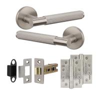 Decoranddecor Hera Satin Nickel Internal Door Handles, Hinge Kit 102mm | Lined Lever on Round Rose, 76mm Latch & 2x 102mm Hinges, Sprung Return, Fir CE Mechanism, Interior Doors, 1 Set