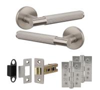 Decoranddecor Hera Silver Door Handles Internal, Latch and 2 Hinges Satin | Silver Handle, Latch and Hinge Kit, Butt Hinges Included, Fire Door Handle Set, Brushed Chrome Look, Interior Lever Handles