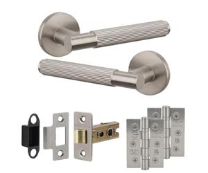Decoranddecor Hera Silver Door Handles Internal, Latch and 2 Hinges Satin | Silver Handle, Latch and Hinge Kit, Butt Hinges Included, Fire Door Handle Set, Brushed Chrome Look, Interior Lever Handles