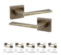 Decoranddecor Leda Antique Brass Internal Door Handles 6 Pack | Tapered Lever on Square Rose, Sprung Return, 8mm Spindle, Bolt Through & Screw Fixings, Internal Doors, 6 Pairs