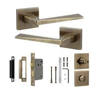 Decoranddecor Leda Antique Brass Internal Door Handles, Bathroom Kit 64mm | Tapered Lever on Square Rose, 64mm Bathroom Lock & WC Turn, Thumbturn & Release, Fire Rated Lock, Internal Bathroom Doors