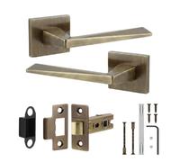 Decoranddecor Leda Antique Brass Internal Door Handles, Latch Kit 64mm | Tapered Lever on Square Rose, 64mm Tubular Latch Included, Sprung Return, Fire Rated CE Latch, Internal Doors, 1 Set