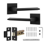 Decoranddecor Leda matt Black Internal Door Handle Set, Aluminium Lever on Rose with fire Rated Tubular mortice Latch, Modern Hardware for Wooden Interior Bedroom, Hallway and Living Room Doors
