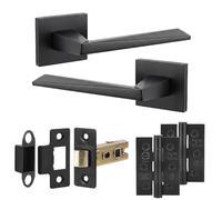 Decoranddecor Leda Matt Black Internal Door Handles, Hinge Kit 76mm | Tapered Lever on Square Rose, 64mm Latch & 2 Hinges Included, Sprung Return, Fir CE Mechanism, Internal Doors, 1 Set