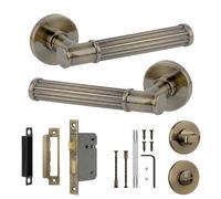 Decoranddecor Leto Antique Brass Bathroom Door Handles with Lock 64mm