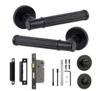 Decoranddecor Leto Bathroom Door Handles With 76mm Lock & Thumbturn - Matt Black Lever On Rose Bathroom Kit