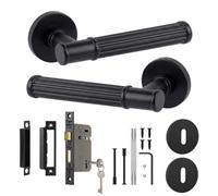 Decoranddecor Leto Door Handles With 76mm Sash Lock & Keyed Escutcheons - Matt Black Lever On Rose Lockable Kit