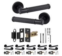 Decoranddecor Leto Door Handles With 76mm Tubular Latch - Matt Black Lever On Rose Internal Door Latch Kit - Pack Of 6
