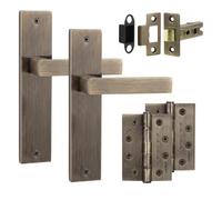 Decoranddecor Lumina Antique Brass Backplate Door Handles, Hinge Kit 102mm | Art Deco Lever Pair on Backplate, 76mm Latch & 2x 102mm Hinges, Sprung Return, Fir CE Mechanism, Interior Doors, 1 Set