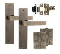 Decoranddecor Lumina Antique Brass Backplate Door Handles, Hinge Kit 76mm | Art Deco Lever Pair on Backplate, 64mm Latch & 2 Hinges Included, Sprung Return, Fir CE Mechanism, Internal Doors