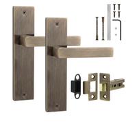 Decoranddecor Lumina Antique Brass Backplate Door Handles, Latch Kit 76mm | Art Deco Lever Pair on Backplate, 76mm Tubular Latch Included, Sprung Return, Fire Rated CE Latch, Internal Doors, 1 Set