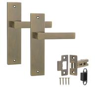 Decoranddecor Lumina Antique Brass Backplate Door Handles Set with 2.5in Fire-Rated Tubular Mortise Latch - Contemporary Internal Door Handles, Art Deco Design for Residential & Commercial Interiors