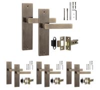Decoranddecor Lumina Antique Brass Backplate Handles, Latch Kit 64mm 4 Pack | Art Deco Lever Pair on Backplate, 64mm Tubular Latch Included, Sprung Return, Fire Rated CE Latch, Internal Doors, 4 Sets