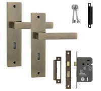 Decoranddecor Lumina Antique Brass Keyhole Backplate Door Handles & 2.5in Sash Lock Bundle - Internal Door Handles with Backplate, Contemporary Lever, Art Deco Keyed Lock
