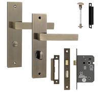 Decoranddecor Lumina Antique Brass Lever Door Handles with Bathroom Thumb-Turn and 2.5in Internal Lock - Modern Backplate, Contemporary Internal Door Handles with Art Deco Accent for Homes