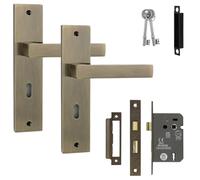 Decoranddecor Lumina Antique Brass Lever Handles with Keyhole Backplate and 2.5in Sash Lock - Aluminium Internal Door Set Featuring Art Deco Inspired Design for Contemporary Residential Interiors