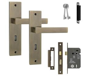Decoranddecor Lumina Antique Brass Lever Handles with Keyhole Backplate and 2.5in Sash Lock - Aluminium Internal Door Set Featuring Art Deco Inspired Design for Contemporary Residential Interiors