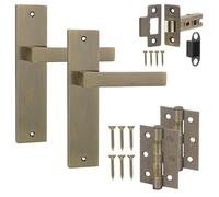 Decoranddecor Lumina Backplate Door Handles Set - Antique Brass Lever Handles with 2.5in Tubular Latch & 3in Fire-Rated Hinges for Internal Doors in Contemporary & Art Deco Styled Homes