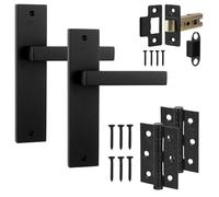Decoranddecor Lumina Backplate Door Handles Set - Matt Black Lever Handles with 2.5in Tubular Latch & 3in Fire-Rated Hinges for Internal Doors in Contemporary & Art Deco Styled Homes