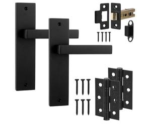 Decoranddecor Lumina Backplate Door Handles Set - Matt Black Lever Handles with 2.5in Tubular Latch & 3in Fir Hinges for Internal Doors in Contemporary & Art Deco Styled Homes
