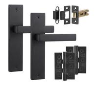 Decoranddecor Lumina Matt Black Backplate Door Handles, Hinge Kit 76mm | Art Deco Lever Pair on Backplate, 64mm Latch & 2 Hinges Included, Sprung Return, Fir CE Mechanism, Internal Doors
