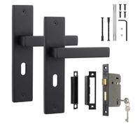 Decoranddecor Lumina Matt Black Backplate Door Handles, Sash Lock Kit 76mm | Art Deco Lever Pair, 76mm Sash Lock & Keyed Escutcheons, Sprung Return, Fire Rated CE Lock, Lockable Interior Doors, 1 Set