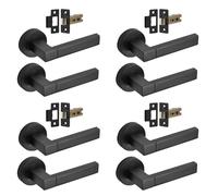 Decoranddecor Lumina Matt Black Door Handles, Latch Kit 64mm 4 Pack | Square Bar Lever on Round Rose, 64mm Tubular Latch Included, Sprung Return, Fire Rated CE Latch, Internal Doors, 4 Sets