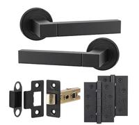 Decoranddecor Lumina Matt Black Internal Door Handles, Hinge Kit 102mm | Square Bar Lever on Round Rose, 76mm Latch & 2x 102mm Hinges, Sprung Return, Fir CE Mechanism, Interior Doors, 1 Set