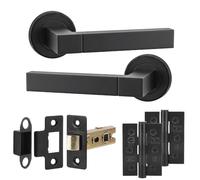 Decoranddecor Lumina Matt Black Internal Door Handles, Hinge Kit 76mm | Square Bar Lever on Round Rose, 64mm Latch & 2 Hinges Included, Sprung Return, Fir CE Mechanism, Internal Doors, 1 Set