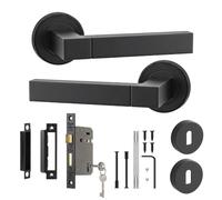 Decoranddecor Lumina Matt Black Internal Door Handles, Sash Lock Kit 64mm | Square Bar Lever on Rose, 64mm Sash Lock & Keyed Escutcheons, Sprung Return, Fire Rated CE Lock, Lockable Interior Doors