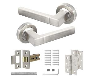Decoranddecor Lumina Silver Aluminium Lever Handles - Internal Door Set for Interior Rooms with Fir Tubular Mortice Latch and Matching Hinges, Contemporary Hardware