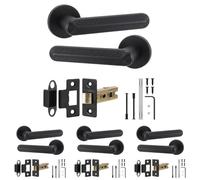 Decoranddecor Marin Matt Black Internal Door Handles, Latch Kit 64mm 4 Pack | Reeded Lever on Rose, 64mm Tubular Latch Included, Sprung Return, Fir CE Latch, Internal Doors, 4 Sets