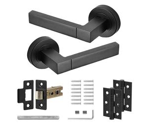 Decoranddecor Matt Black Door Handles Internal - Aluminium Black Door Handle Sets for Internal Doors | Internal Door Handles with Mortice Latch and Butt Hinge | Lumina Range