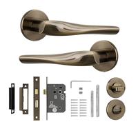 Decoranddecor Nanda Antique Brass Door Handles - Aluminium Door Lever Sets Brass Colour Internal Door Handles with Bathroom Door Lock and Turn and Release