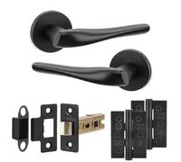 Decoranddecor Nanda Matt Black Internal Door Handles, Hinge Kit 76mm | Twisted Lever on Round Rose, 64mm Latch & 2 Hinges Included, Sprung Return, Fir CE Mechanism, Internal Doors, 1 Set