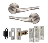 Decoranddecor Nanda Satin Nickel Internal Door Handles, Hinge Kit 102mm | Twisted Lever on Round Rose, 76mm Latch & 2x 102mm Hinges, Sprung Return, Fir CE Mechanism, Interior Doors, 1 Set