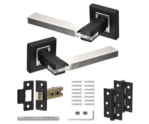 Decoranddecor Nexus Dual Tone Silver and Black Lever Set - Aluminium Internal Handles with Mortice Latch and Matching Butt Hinges, Stylish Hardware for Bedrooms and Bathroom Interior Doors