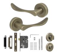 Decoranddecor Nimbus Antique Brass Door Handle Set - Aluminium Alloy Lever with Bathroom Lock - Thumb Turn for Internal Doors in Living Spaces & Offices