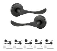Decoranddecor Nimbus Matt Black Internal Door Handles 6 Pack | Wave Lever on Round Rose, Sprung Return, 8mm Spindle, Bolt Through & Screw Fixings, Internal Doors, 6 Pairs