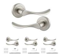 Decoranddecor Nimbus Satin Nickel Internal Door Handles 4 Pack | Wave Lever on Round Rose, Sprung Return, 8mm Spindle, Bolt Through & Screw Fixings, Internal Doors, 4 Pairs