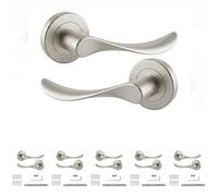 Decoranddecor Nimbus Satin Nickel Internal Door Handles 6 Pack | Wave Lever on Round Rose, Sprung Return, 8mm Spindle, Bolt Through & Screw Fixings, Internal Doors, 6 Pairs